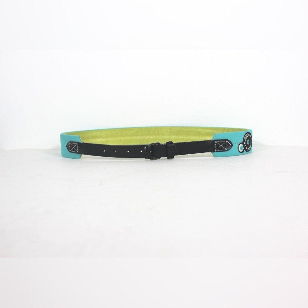 Aqua Turquoise and Black Belt Cushioned Fabric  Black Leather Statement Summer